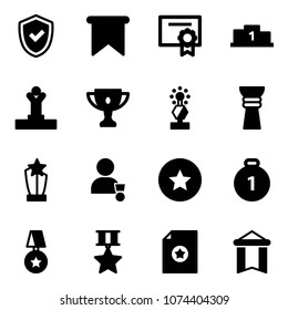 Solid vector icon set - shield check vector, flag, certificate, pedestal, winner, gold cup, award, star medal, pennant