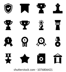 Solid vector icon set - shield check vector, flag, cup, winner, win, gold, award, medal, star, certificate, pennant
