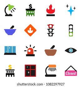 solid vector icon set - shining vector, window, table lamp, bank building, traffic light, flammable, eye, mortar, siren, closed