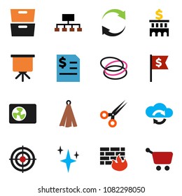 solid vector icon set - shining vector, towel, presentation, archive, annual report, bank building, dollar flag, hierarchy, target, hoop, scissors, cloud exchange, firewall, refresh, ari condition