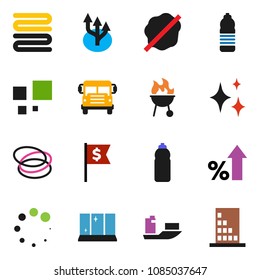 solid vector icon set - shining vector, splotch, window, towel, bbq, school bus, percent growth, dollar flag, water bottle, hoop, ship, loading, route arrow, building