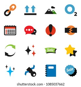 solid vector icon set - shining vector, copybook, calendar, oxygen, attention, satellite, top sign, link, message, refresh, disconnection, mountain, star, sale