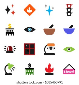 solid vector icon set - shining vector, window, table lamp, bank building, traffic light, flammable, eye, mortar, siren, closed