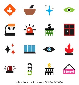 solid vector icon set - shining vector, window, table lamp, bank building, traffic light, flammable, eye, mortar, siren, closed