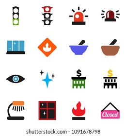 solid vector icon set - shining vector, window, table lamp, bank building, traffic light, flammable, eye, mortar, siren, closed