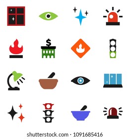 solid vector icon set - shining vector, window, table lamp, bank building, traffic light, flammable, eye, mortar, siren