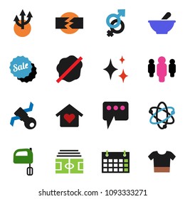 solid vector icon set - shining vector, splotch, mixer, atom, man, stadium, calendar, satellite, gender sign, mortar, message, route arrow, disconnection, love home, sale, clothes