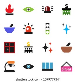 solid vector icon set - shining vector, window, table lamp, bank building, traffic light, flammable, eye, mortar, siren, closed