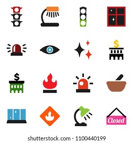 solid vector icon set - shining vector, window, table lamp, bank building, traffic light, flammable, eye, mortar, siren, closed