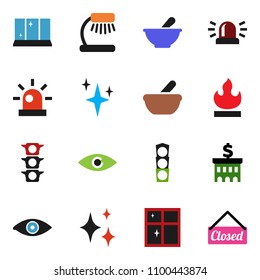 solid vector icon set - shining vector, window, table lamp, bank building, traffic light, flammable, eye, mortar, siren, closed