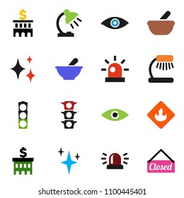 solid vector icon set - shining vector, table lamp, bank building, traffic light, flammable, eye, mortar, siren, closed