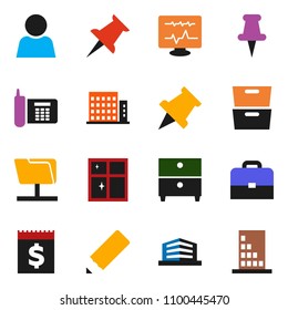 solid vector icon set - shining window vector, pencil, case, paper pin, archive, phone, receipt, thumbtack, diagnostic monitor, network folder, user, apartments, office building