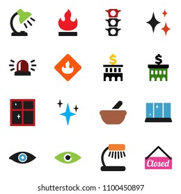 solid vector icon set - shining vector, window, table lamp, bank building, traffic light, flammable, eye, mortar, siren, closed