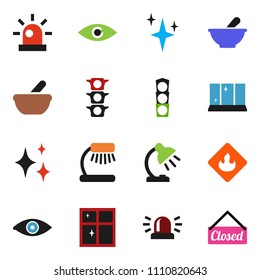 solid vector icon set - shining vector, window, table lamp, traffic light, flammable, eye, mortar, siren, closed