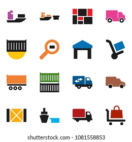 solid vector icon set - ship vector, truck trailer, sea container, delivery, car, port, wood box, consolidated cargo, warehouse, search, relocation, trolley