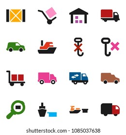 solid vector icon set - ship vector, delivery, car, port, wood box, cargo, no hook, warehouse, search, relocation truck