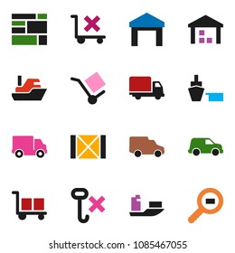 solid vector icon set - ship vector, delivery, car, port, wood box, consolidated cargo, no trolley, hook, warehouse, search