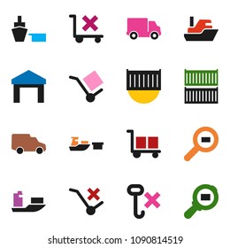 solid vector icon set - ship vector, sea container, delivery, car, port, cargo, no trolley, hook, warehouse, search