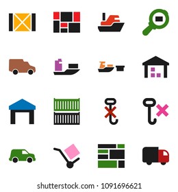 solid vector icon set - ship vector, sea container, car, port, wood box, consolidated cargo, no hook, warehouse, search, delivery