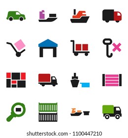 solid vector icon set - ship vector, sea container, delivery, car, port, wood box, consolidated cargo, no hook, warehouse, search