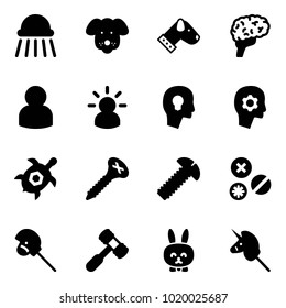 Solid vector icon set - shower vector, dog, brain, user, idea, head bulb, work, sea turtle, screw, rivet, horse stick toy, hammer, rabbit, unicorn