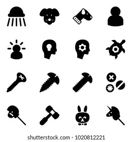 Solid vector icon set - shower vector, dog, user, idea, head bulb, brain work, sea turtle, screw, rivet, horse stick toy, hammer, rabbit, unicorn