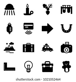 Solid vector icon set - shower vector, candle, holly, vial, drop counter, tap pay, right arrow, luck, mountains, suitcase, car baggage, camera, corner ruler, bulb, tool box, bear toy