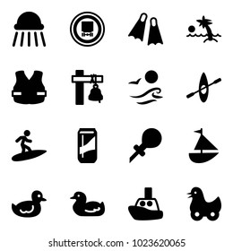 Solid vector icon set - shower vector, no dangerous cargo road sign, flippers, palm, life vest, ship bell, waves, kayak, surfing, drink, oiler, sailboat toy, duck, boat