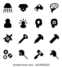 Solid vector icon set - shower vector, dog, brain, user, idea, head bulb, work, sea turtle, screw, rivet, horse stick toy, hammer, unicorn