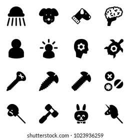 Solid vector icon set - shower vector, dog, brain, user, idea, work, sea turtle, screw, rivet, horse stick toy, hammer, rabbit, unicorn