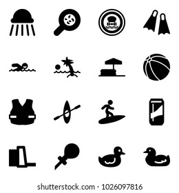 Solid vector icon set - shower vector, bacteria, no dangerous cargo road sign, flippers, swimming, palm, inflatable pool, ball, life vest, kayak, surfing, drink, water power plant, oiler, duck toy