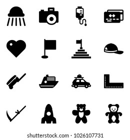 Solid vector icon set - shower vector, camera, drop counter, credit card, heart, flag, pyramid, cap, suitcase, cruiser, car baggage, corner ruler, scythe, rocket, bear toy