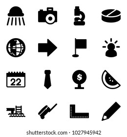 Solid vector icon set - shower vector, camera, lab, pill, globe, right arrow, flag, idea, calendar, tie, money tree, watermelone, pool, suitcase, corner ruler, pencil