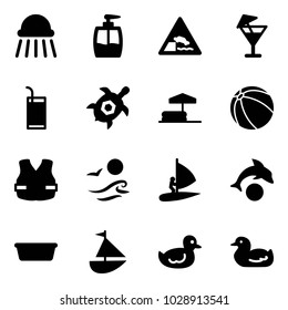 Solid vector icon set - shower vector, liquid soap, embankment road sign, drink, sea turtle, inflatable pool, ball, life vest, waves, windsurfing, dolphin, basin, sailboat toy, duck