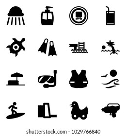 Solid vector icon set - shower vector, liquid soap, no dangerous cargo road sign, drink, sea turtle, flippers, pool, palm, inflatable, diving, life vest, waves, surfing, water power plant, toy duck