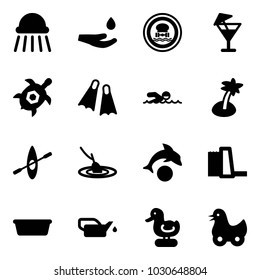 Solid vector icon set - shower vector, drop hand, no dangerous cargo road sign, drink, sea turtle, flippers, swimming, palm, kayak, fishing, dolphin, water power plant, basin, oiler, toy duck