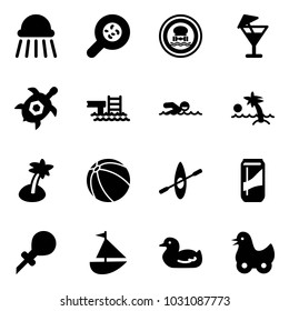 Solid vector icon set - shower vector, bacteria, no dangerous cargo road sign, drink, sea turtle, pool, swimming, palm, ball, kayak, oiler, sailboat toy, duck