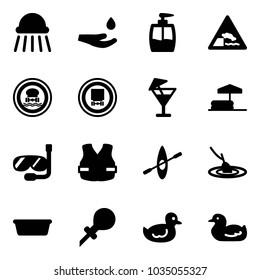 Solid vector icon set - shower vector, drop hand, liquid soap, embankment road sign, no dangerous cargo, drink, inflatable pool, diving, life vest, kayak, fishing, basin, oiler, duck toy
