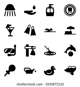 Solid vector icon set - shower vector, drop hand, liquid soap, no dangerous cargo road sign, drink, flippers, swimming, inflatable pool, diving, ship bell, fishing, dolphin, oiler, duck toy