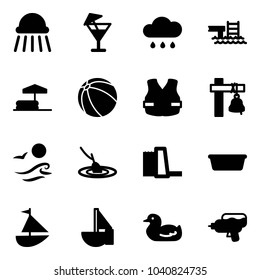 Solid vector icon set - shower vector, drink, rain cloud, pool, inflatable, ball, life vest, ship bell, waves, fishing, water power plant, basin, sailboat toy, duck, gun