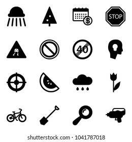 Solid vector icon set - shower vector, christmas tree, calendar, stop road sign, slippery, prohibition, end speed limit, head bulb, target, watermelone, rain cloud, tulip, bike, shovel, beanbag