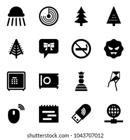 Solid vector icon set - shower vector, radar, christmas tree, bow message, no smoking sign, virus, safe, chess queen, kite, mouse wireless, terms plan, usb wi fi, globe