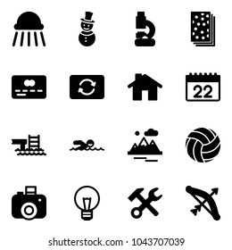 Solid vector icon set - shower vector, snowman, lab, breads, credit card, exchange, home, calendar, pool, swimming, mountains, volleyball, camera, bulb, wrench hammer, bow