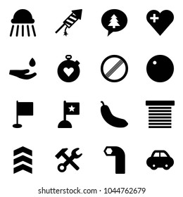 Solid vector icon set - shower vector, firework rocket, merry christmas message, heart, drop hand, stopwatch, no limit road sign, record, flag, banana, jalousie, chevron, wrench hammer, allen key