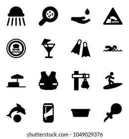 Solid vector icon set - shower vector, bacteria, drop hand, embankment road sign, no dangerous cargo, drink, flippers, swimming, inflatable pool, life vest, ship bell, surfing, dolphin, basin, oiler