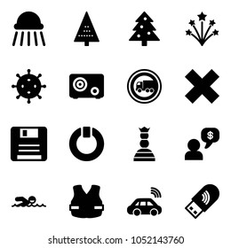 Solid vector icon set - shower vector, christmas tree, firework, virus, safe, no truck road sign, delete cross, save, standby, chess queen, money dialog, swimming, life vest, car wireless, usb wi fi