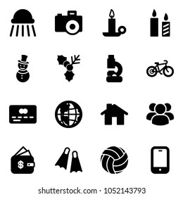 Solid vector icon set - shower vector, camera, candle, snowman, holly, lab, bike, credit card, globe, home, group, finance management, flippers, volleyball, mobile phone