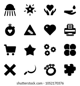 Solid vector icon set - shower vector, christmas star, heart care, drop hand, stopwatch, multi lane traffic road sign, printer, cart, medal, flower, atom core, delete, sickle, beanbag, puzzle