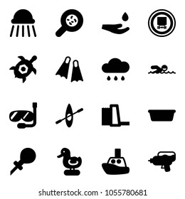 Solid vector icon set - shower vector, bacteria, drop hand, no dangerous cargo road sign, sea turtle, flippers, rain cloud, swimming, diving, kayak, water power plant, basin, oiler, toy duck, boat