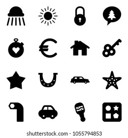 Solid vector icon set - shower vector, sun, lock, merry christmas message, stopwatch heart, euro, home, key, star medal, luck, limousine, starfish, allen, car, beanbag, cube hole toy